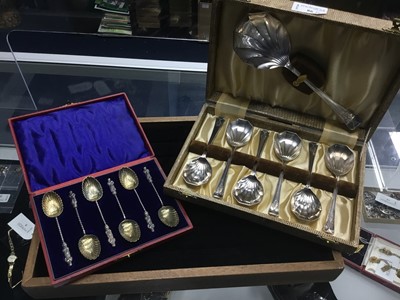 Lot 86 - A CASED SET OF SIX SILVER APOSTLE SPOONS AND ANOTHER CASED SET OF SPOONS