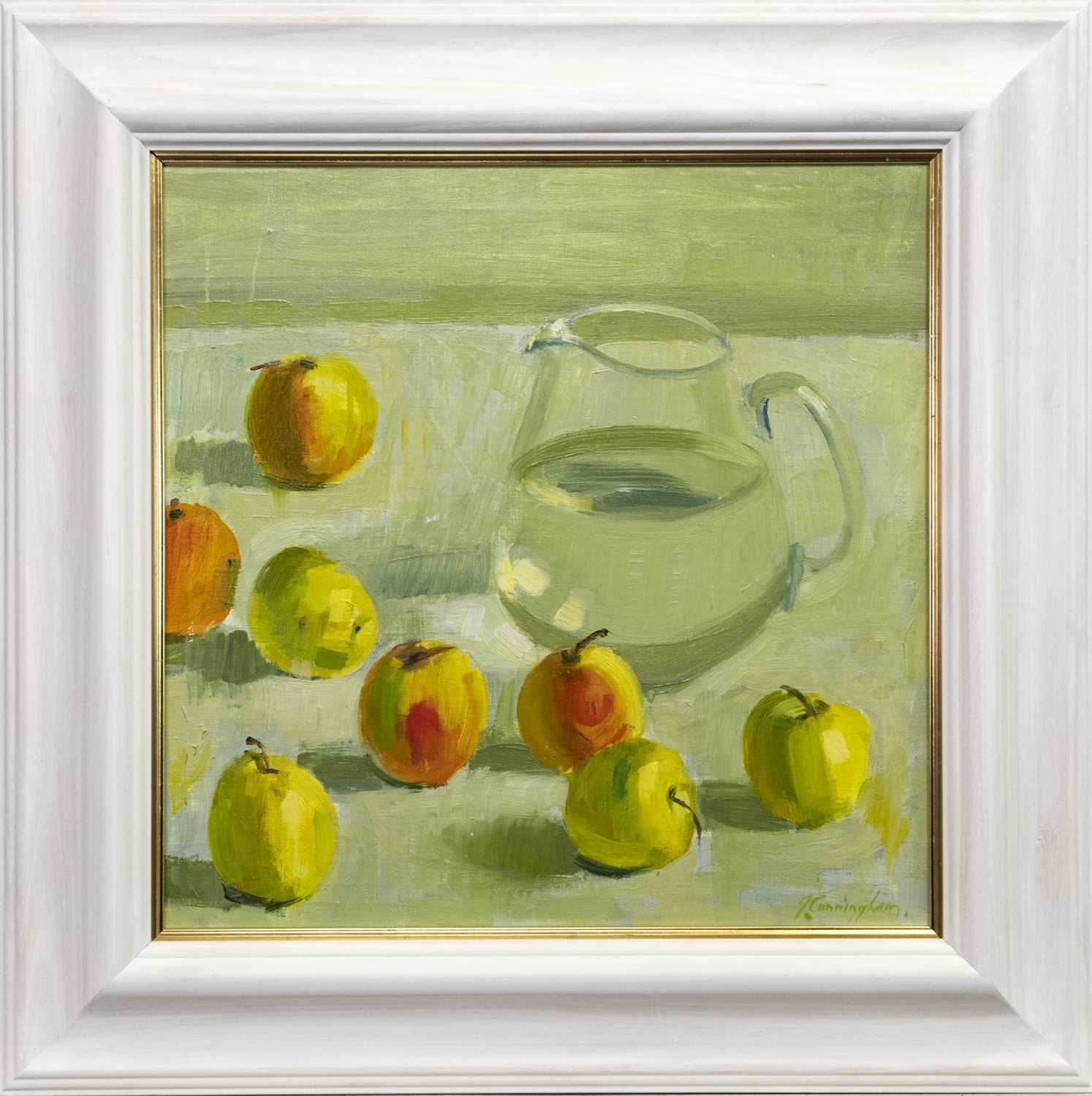Lot 809 - STILL LIFE WITH APPLES, AN OIL BY JOHN CUNNINGHAM