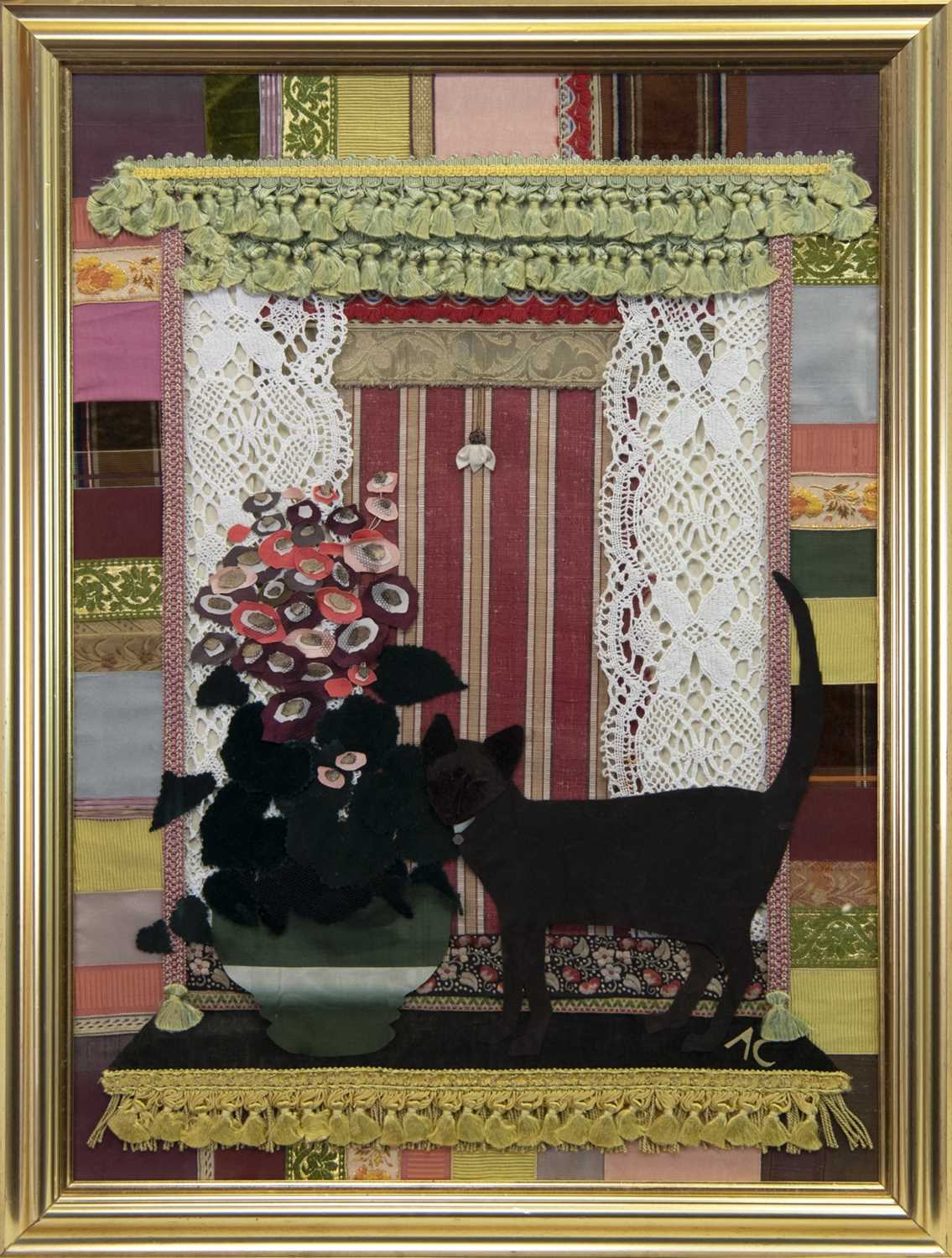 Lot 405 - BLACK CAT BY THE WINDOW, A MIXED MEDIA COLLAGE BY ANNE CARPENTER