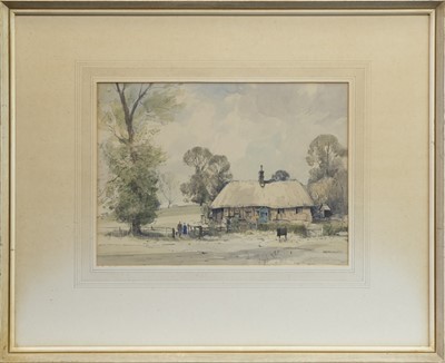 Lot 382 - RURAL LANDSCAPE WITH COTTAGE AND FIGURES, A WATERCOLOUR BY STANLEY ORCHARD