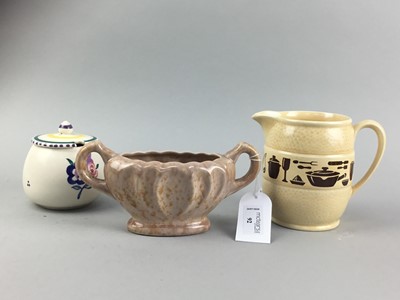 Lot 92 - A ROYAL WINTON SUGAR CASTER ALONG WITH A POOLE PRESERVE POT AND OTHER CERAMICS
