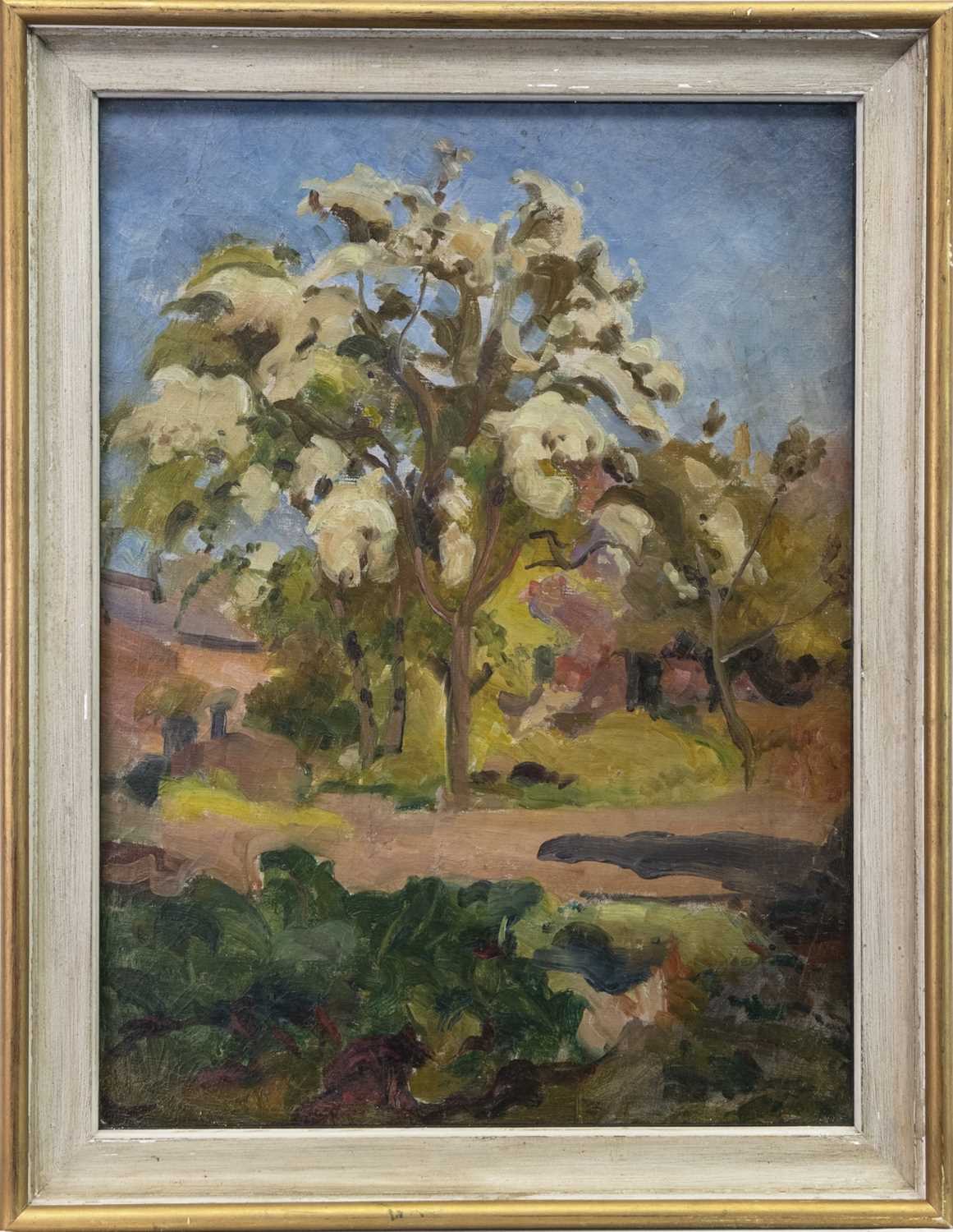 Lot 410 - TREES IN BLOSSOM AT ORCHARD, AN OIL ATTRIBUTED TO WILLIAM EDWARD WIGLEY