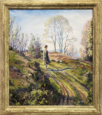 Lot 99 - YOUNG LADY ON A COUNTRY PATH, AN OIL BY JACOB KRAMER