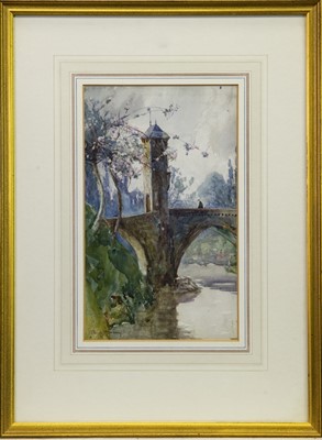 Lot 100 - RIVER SCENE WITH FIGURES ON A BRIDGE, A WATERCOLOUR BY SIR DAVID MURRAY