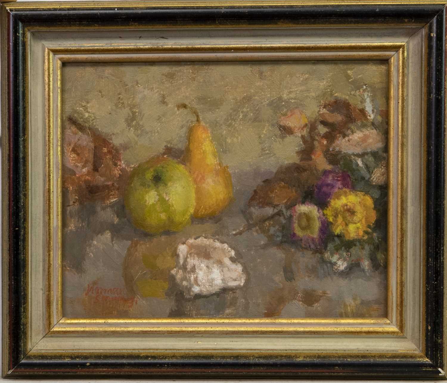 Lot 415 - STILL LIFE WITH PEARS AND FLOWERS, AN OIL BY NORMAN SMITH
