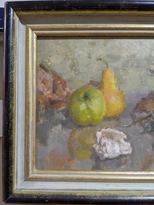 Lot 415 - STILL LIFE WITH PEARS AND FLOWERS, AN OIL BY NORMAN SMITH