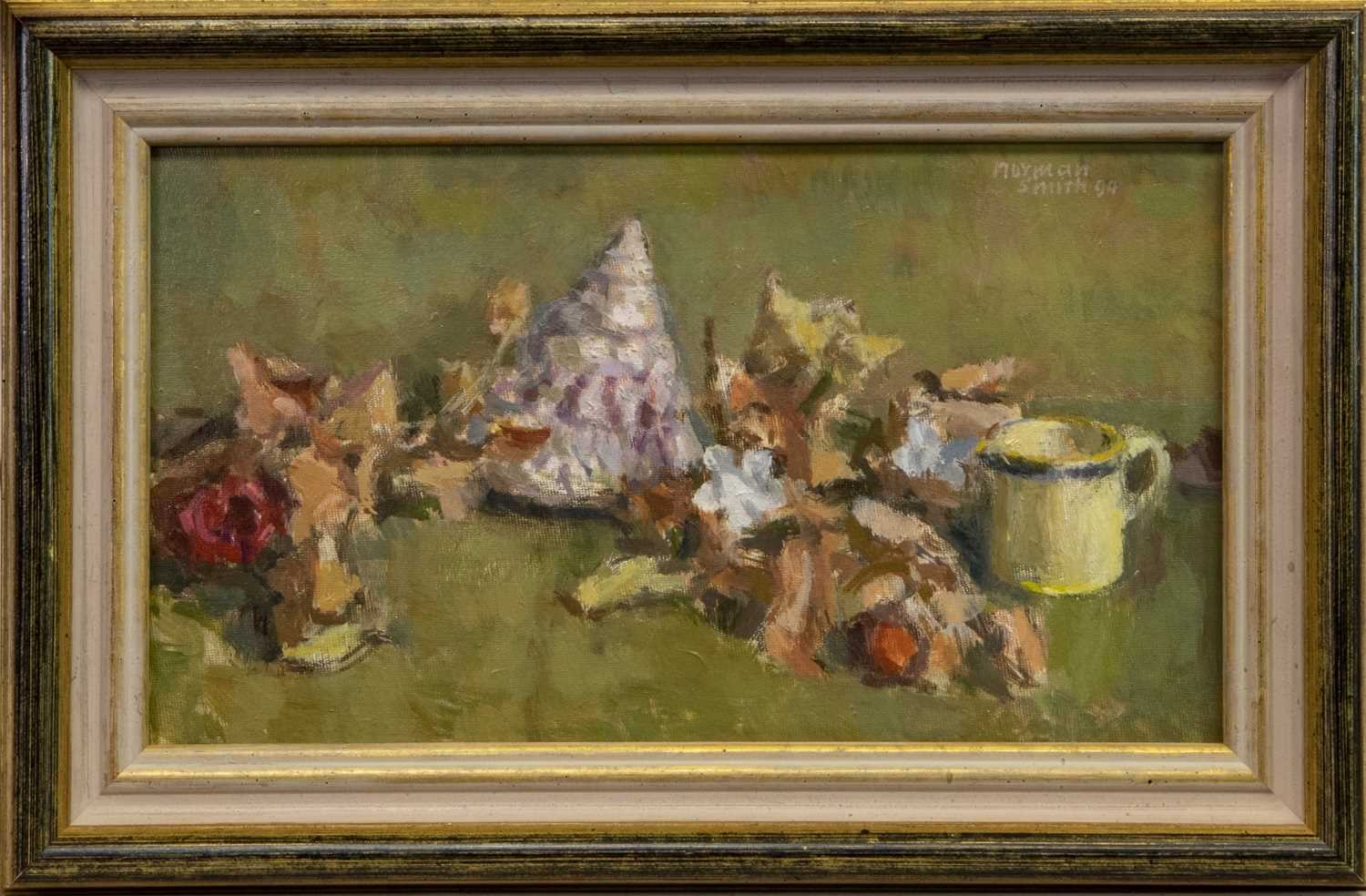 Lot 417 - STILL LIFE WITH SHELLS, FLOWERS AND MUG, AN OIL BY NORMAN SMITH