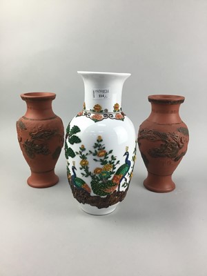 Lot 114 - A PAIR OF CHINESE TERRACOTTA BALUSTER VASES ALONG WITH ANOTHER VASE