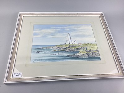 Lot 148 - LIGHTHOUSE SCENE, A WATERCOLOUR BY JAMES KELLY, AND TWO GLASGOW SCENES