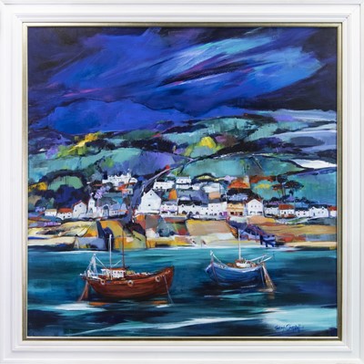 Lot 598 - SHORE STREET, ULLAPOOL, AN ACRYLIC BY SHELAGH CAMPBELL