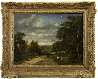 Lot 110 - FIGURES WITH DOGS ON A COUNTRY ROAD , AN OIL BY PATRICK NASMYTH