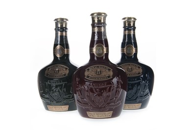 Lot 59 - CHIVAS REGAL ROYAL SALUTE RUBY, SAPPHIRE AND EMERALD FLAGONS
