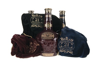 Lot 59 - CHIVAS REGAL ROYAL SALUTE RUBY, SAPPHIRE AND EMERALD FLAGONS