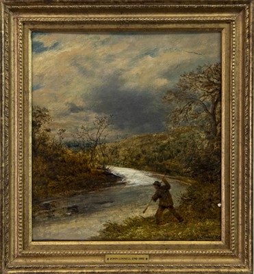 Lot 121 - THE ANGLER, AN OIL BY JOHN LINNELL