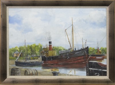 Lot 691 - BOATS IN HARBOUR, A CONTEMPORARY OIL