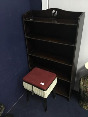 Lot 249 - A STAINED WOOD OPEN BOOKCASE AND A STOOL