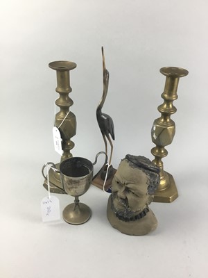 Lot 310 - A PAIR OF BRASS CANDLESTICKS, A SILVER PLATED TROPHY AND OTHER ITEMS