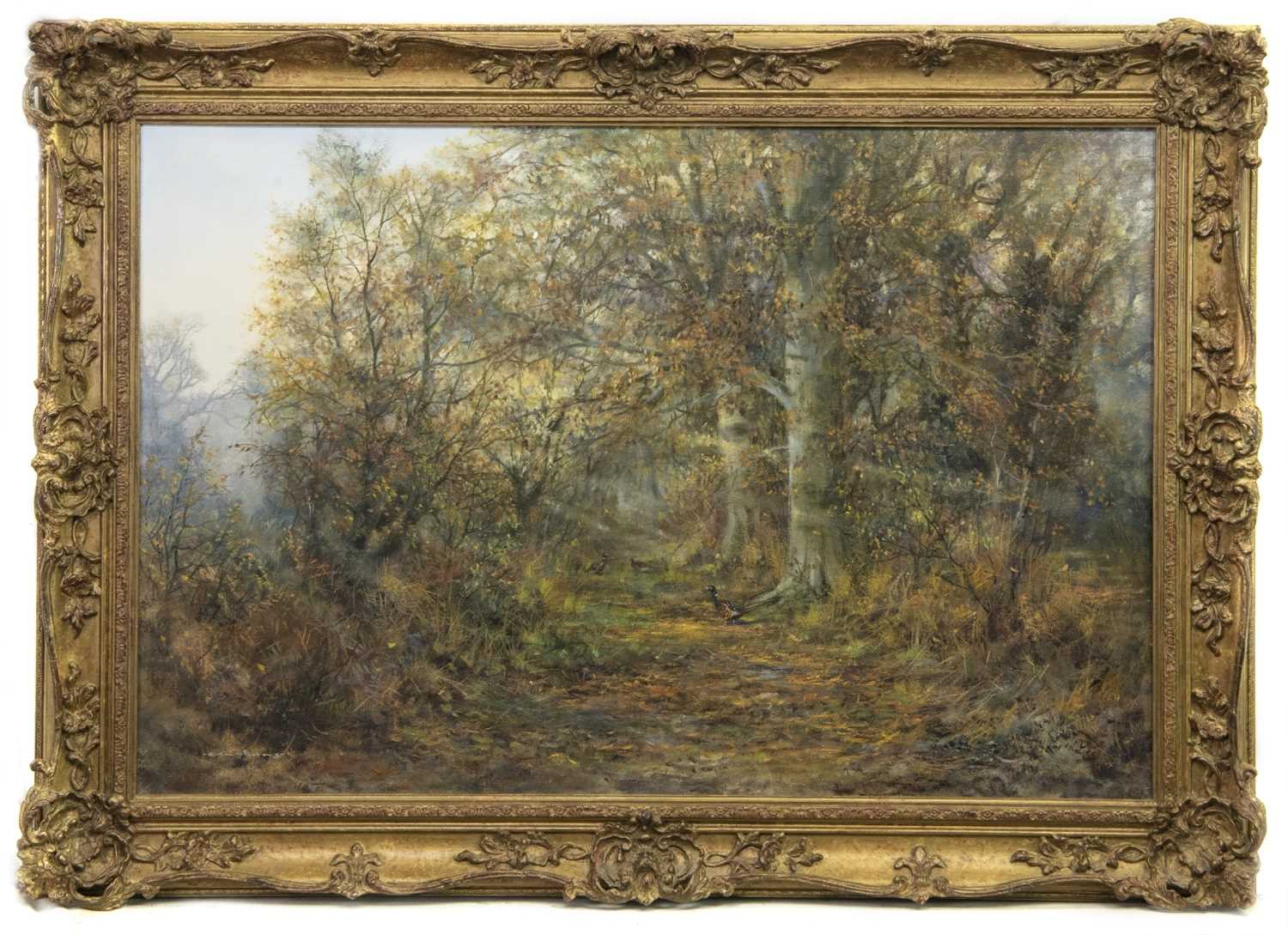 Lot 102 - PHEASANTS ON A WOODLAND PATH, AN OIL BY COLIN W BURNS