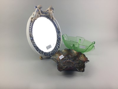 Lot 325 - A 20TH CENTURY CERAMIC MIRROR, CARNIVAL GLASS BOWL AND A GLASS VASE