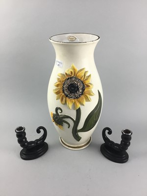 Lot 327 - A BRENTLEIGH WARE CERAMIC VASE AND A PAIR OF CANDLE HOLDERS