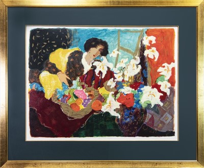 Lot 720 - GIRL WITH LILLIES, A SERIGRAPH BY ROY FAIRCHILD-WOODARD