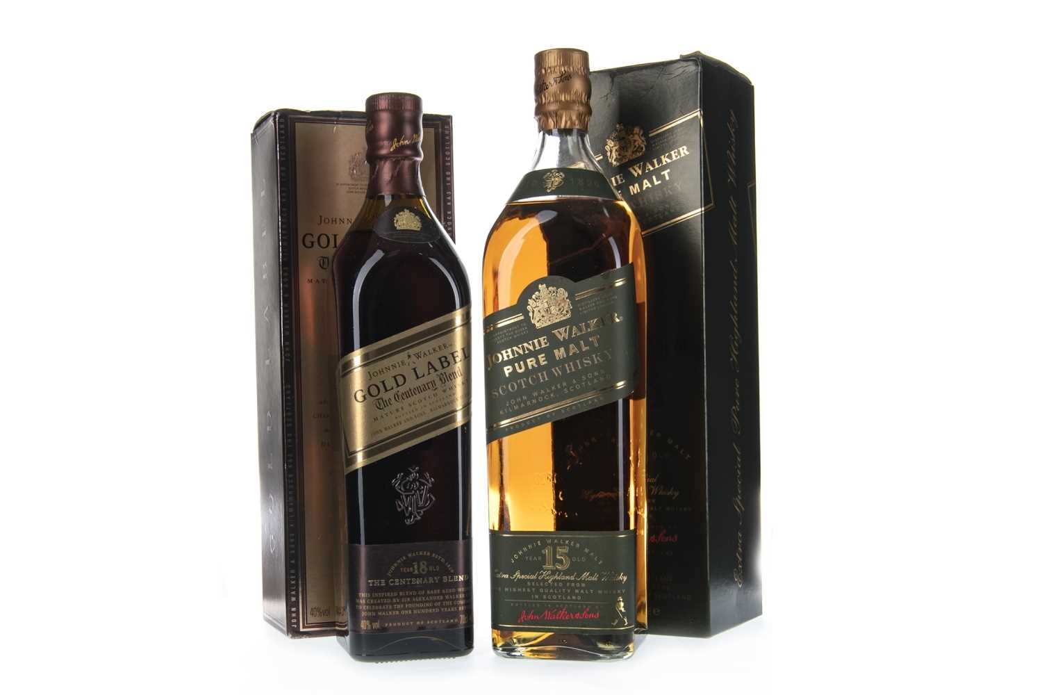 Lot 424 - JOHNNIE WALKER PURE MALT AGED 15 YEARS ONE LITRE, AND GOLD LABEL AGED 18 YEARS
