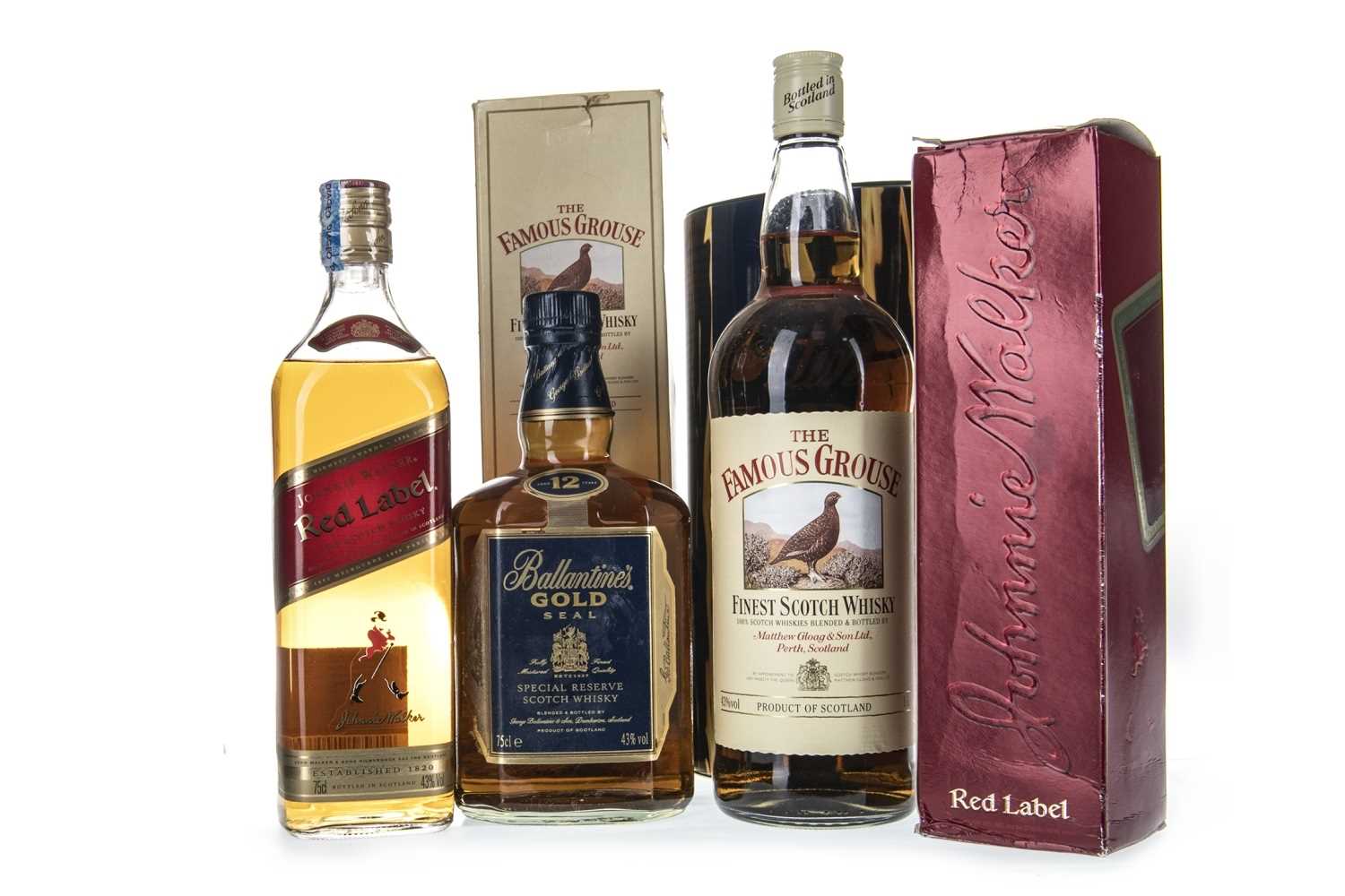 Lot 427 - FAMOUS GROUSE ONE LITRE, JOHNNIE WALKER RED LABEL AND BALLANTINE'S GOLD AGED 12 YEARS
