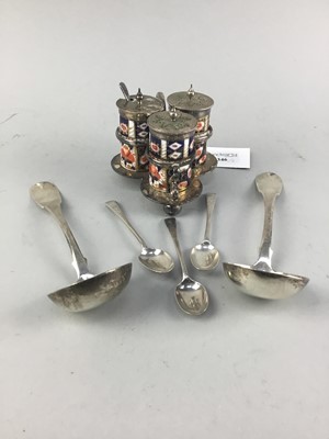 Lot 346 - A DAVENPORT SILVER PLATED CRUET SET, TWO SILVER SAUCE LADLES AND SPOONS