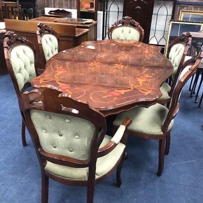 Lot 376 - A REPRODUCTION ITALIAN WALNUT DINING TABLE AND SIX CHAIRS