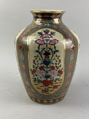 Lot 384 - A CHINESE CRACKLE GLAZE VASE, TWO HARDWOOD STANDS AND OTHER VASES