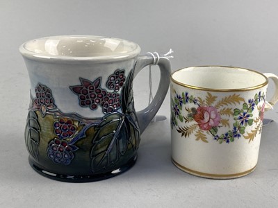 Lot 183 - A CONTEMPORARY MOORCROFT MUG ALONG WITH A DERBY COFFEE CAN