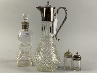 Lot 180 - A SILVER PLATE TOPPED CLARET JUG, ALONG WITH A DECANTER AND CRUETS