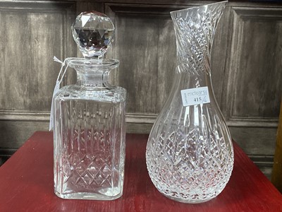 Lot 415 - A CRYSTAL SQUARE DECANTER WITH STOPPER AND OTHER GLASS WARE