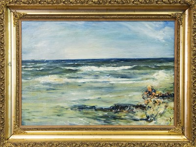 Lot 36 - CHILDREN SHRIMPING, AN OIL BY WILLIAM MCTAGGART