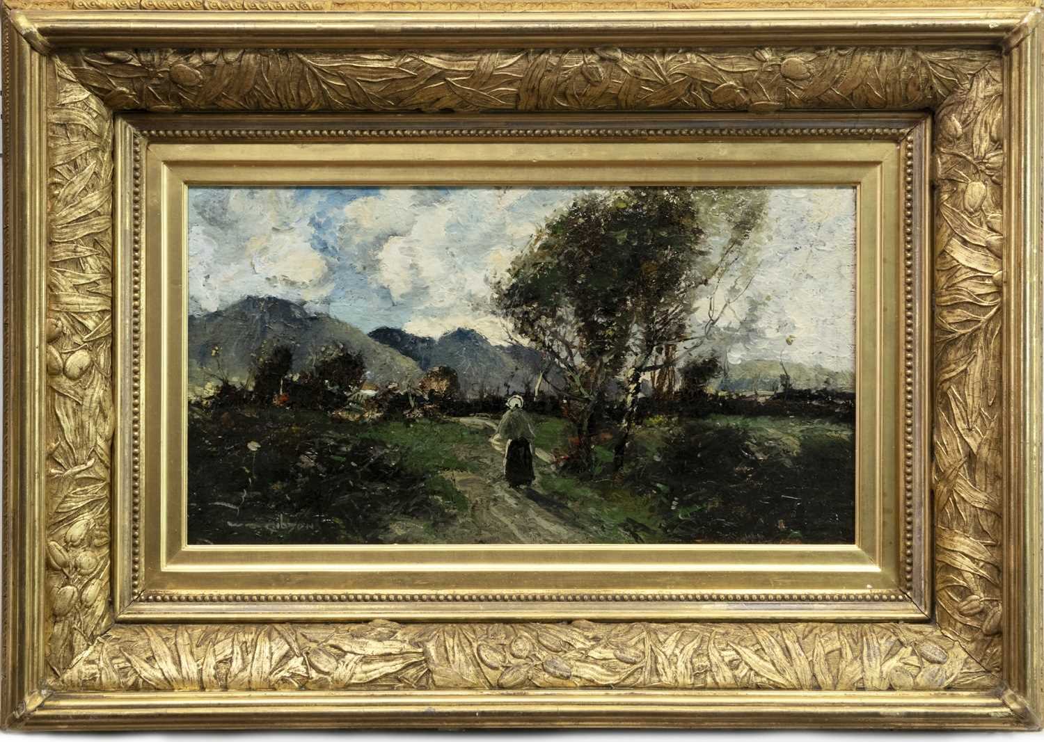 Lot 73 - FIGURE ON A WOODLAND PATH, AN OIL BY WILLIAM ALFRED GIBSON
