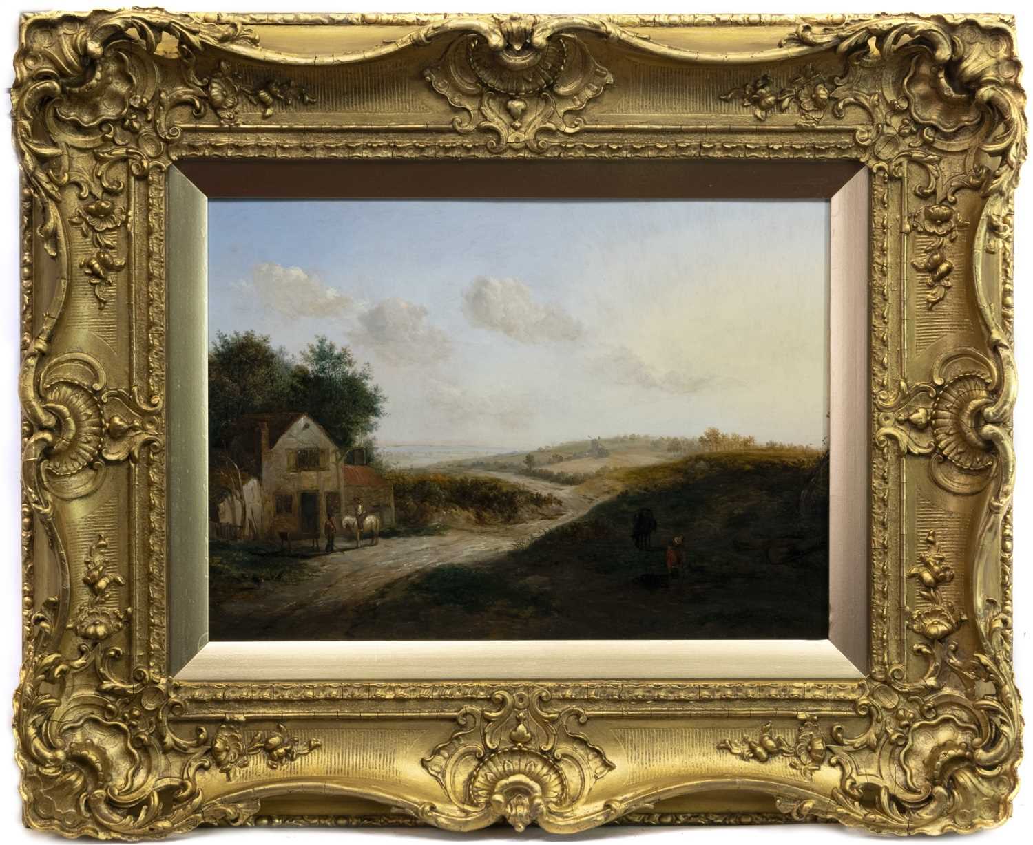 Lot 57 - COUNTRY COTTAGE AND FIGURES BY A RIVER, AN OIL BY ALEXANDER NASMYTH