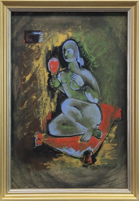 Lot 61 - WOMAN WITH RED MIRROR, A GOUACHE BY S KRISHNA