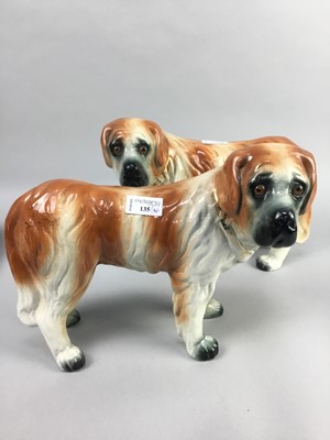 Lot 135 - A PAIR OF STAFFORDSHIRE DOGS, A CERAMIC MEAT DISH AND A PIN TRAY