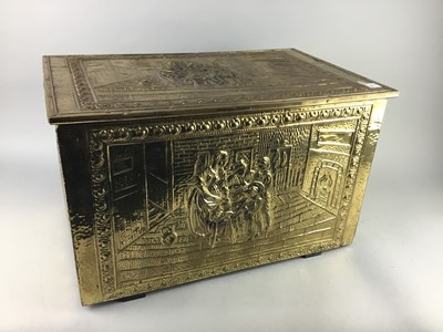 Lot 140 - AN EMBOSSED BRASS LOG BOX, COMPANION STAND AND A FIRESCREEN