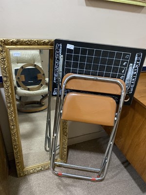 Lot 141 - A FOLDING PROJECTOR TABLE, UPRIGHT WALL MIRROR AND A CAKESTAND
