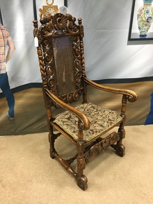 Lot 1325 - A WALNUT ARM CHAIR OF CHARLES  I DESIGN