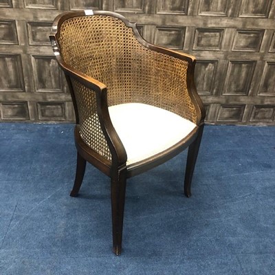 Lot 151 - A PAIR OF MAHOGANY SINGLE CHAIRS AND A CANE BACK TUB CHAIR