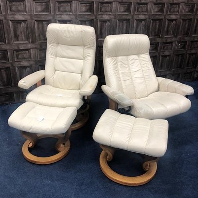 Lot 152 - A LOT OF TWO MODERN LEATHER EASY CHAIRS WITH STOOLS