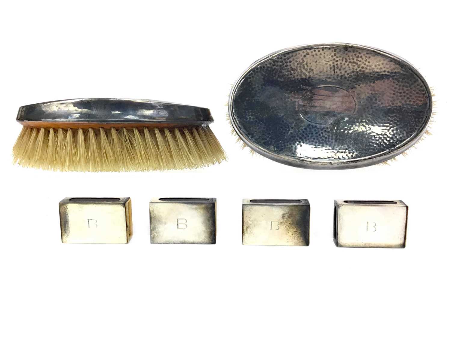 Lot 419 - A LOT OF FOUR SILVER MATCHBOX HOLDERS AND TWO BRUSHES