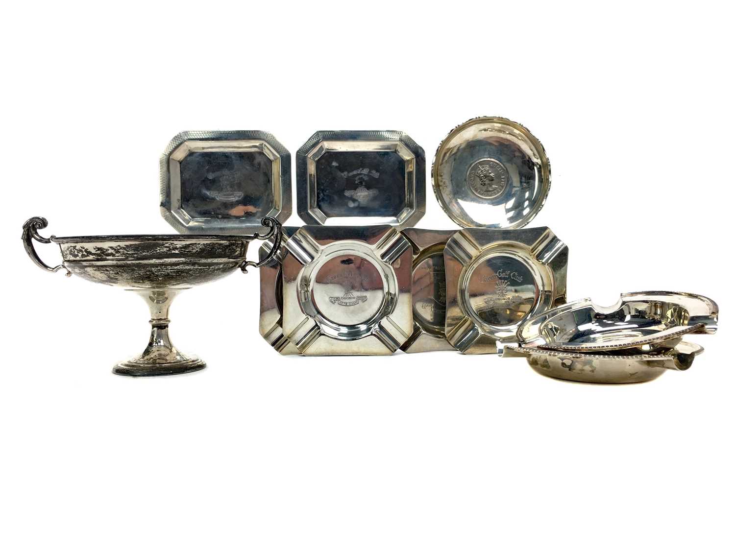 Lot 421 - A GEORGE V TWIN HANDLED STEMMED SILVER DISH AND OTHER SILVER DISHES