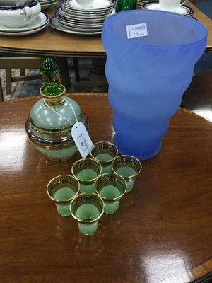 Lot 23 - AN ART DECO BELGIAN GLASS DECANTER AND SIX GLASSES AND A VASE