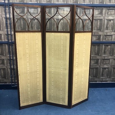 Lot 166 - A 20TH CENTURY UPHOLSTERED THREE PANEL SCREEN