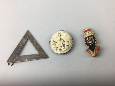 Lot 172 - A 19TH CENTURY WHITE METAL TRIANGULAR PENDANT AND TWO BROOCHES