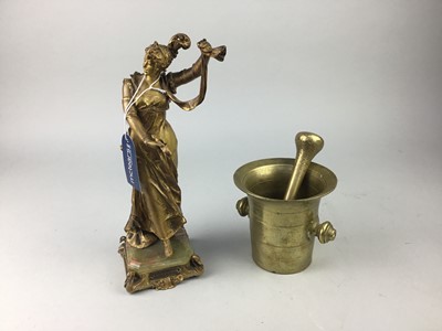 Lot 176 - A 19TH CENTURY GILT METAL FIGURE AND A MORTAR AND PESTLE