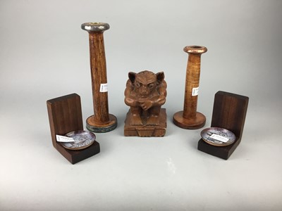 Lot 179 - A PAIR OF IRISH BOOKENDS, TWO CANDLESTICKS AND A FIGURE